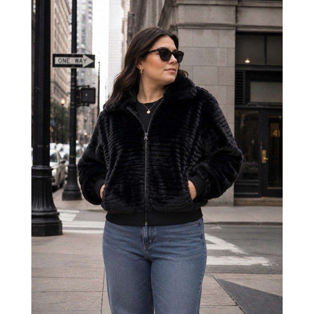 Co-Op Barneys New York Faux Fur Bomber Jacket Black Ribbed Zip Large Glam Chic